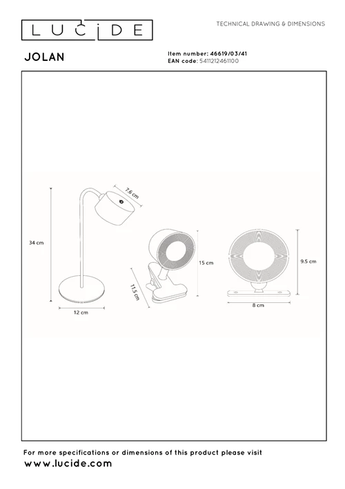 Lucide JOLAN - Lámpara de escritorio Recargable/Lámpara de pinza/Aplique de pared - Batería/acumulador - LED Dim to warm - 1x3,5W 2700K/5700K - Taupe - técnico